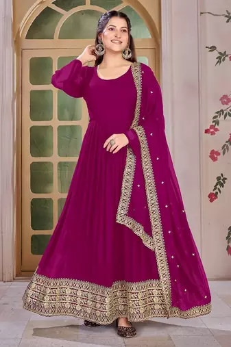 Magenta Embroidered Anarkali Gown with Gold Border & Matching Dupatta