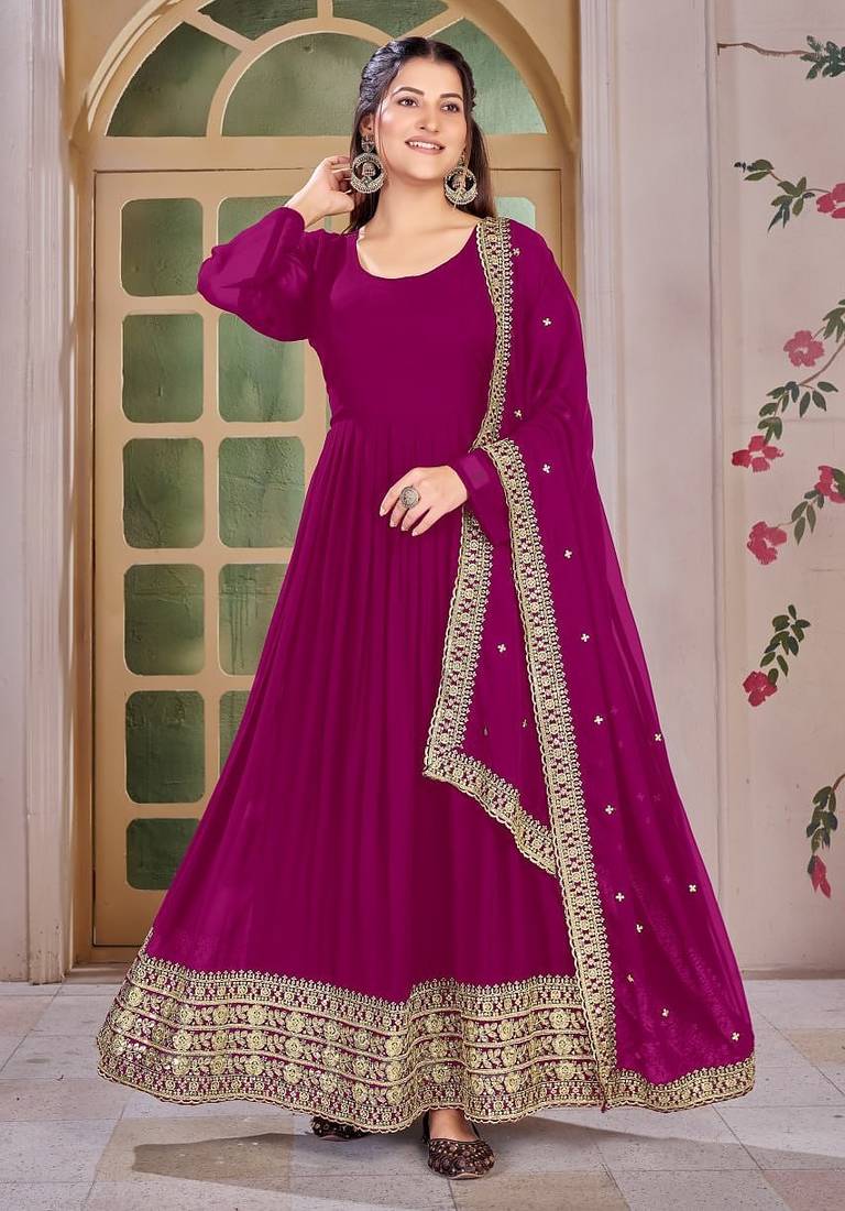 Magenta Embroidered Anarkali Gown with Gold Border & Matching Dupatta