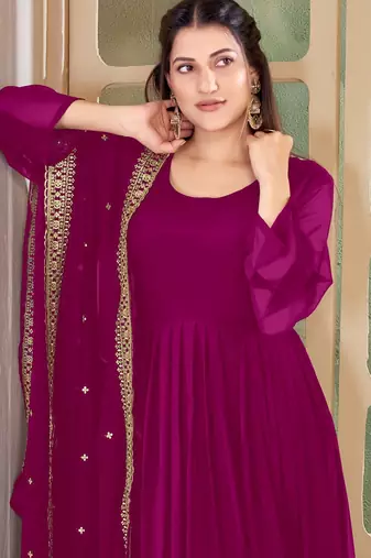 Magenta Embroidered Anarkali Gown with Gold Border & Matching Dupatta