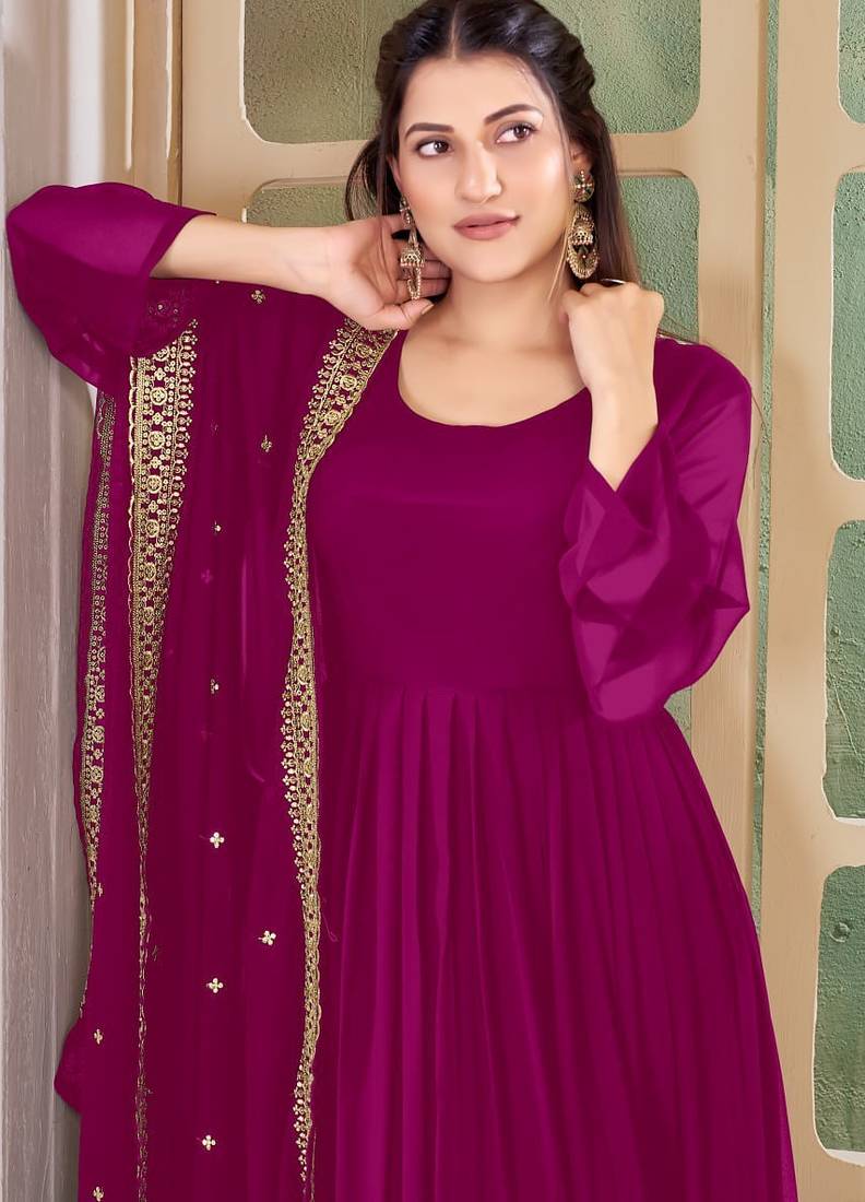 Magenta Embroidered Anarkali Gown with Gold Border & Matching Dupatta