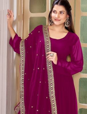 Magenta Embroidered Anarkali Gown with Gold Border & Matching Dupatta 5