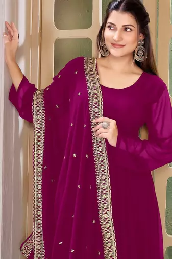 Magenta Embroidered Anarkali Gown with Gold Border & Matching Dupatta