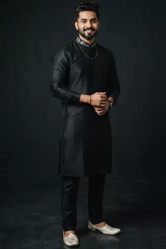 Black embroidered dupion silk kurta set