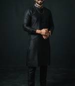 Black embroidered dupion silk kurta set