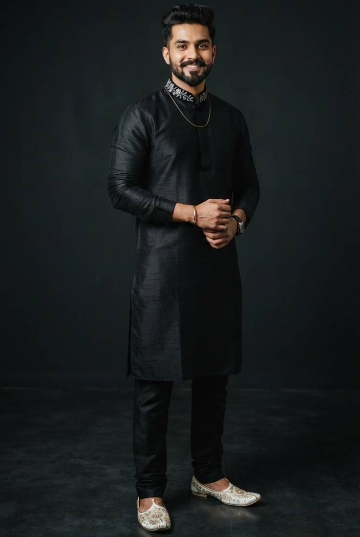 Black embroidered dupion silk kurta set