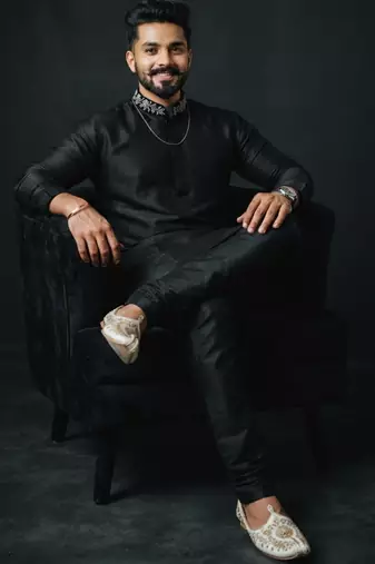 Black embroidered dupion silk kurta set