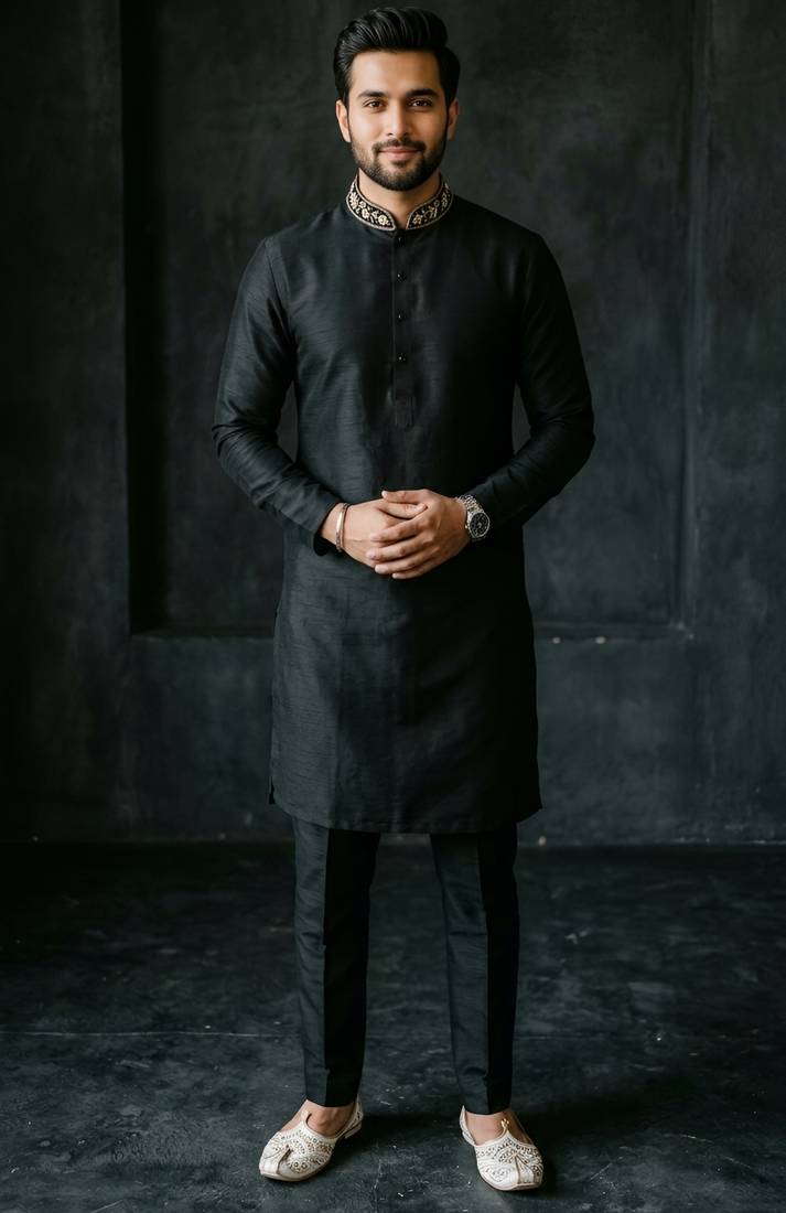Black embroidered dupion silk kurta set