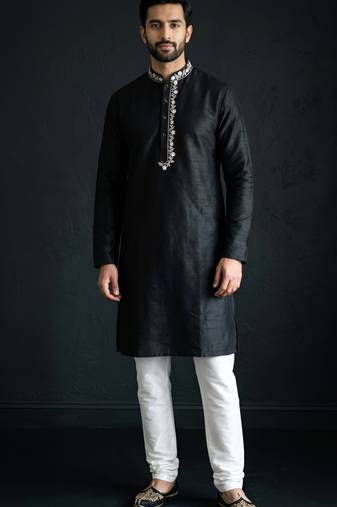 Black-white embroidered dupion silk kurta set