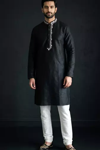 Black-white embroidered dupion silk kurta set