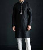 Black-white embroidered dupion silk kurta set
