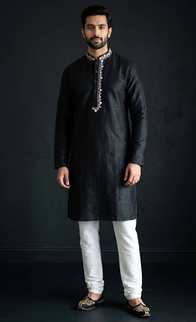 Black-white embroidered dupion silk kurta set