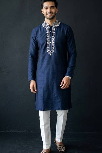 Blue-white embroidered dupion silk kurta set