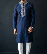 Blue-white embroidered dupion silk kurta set