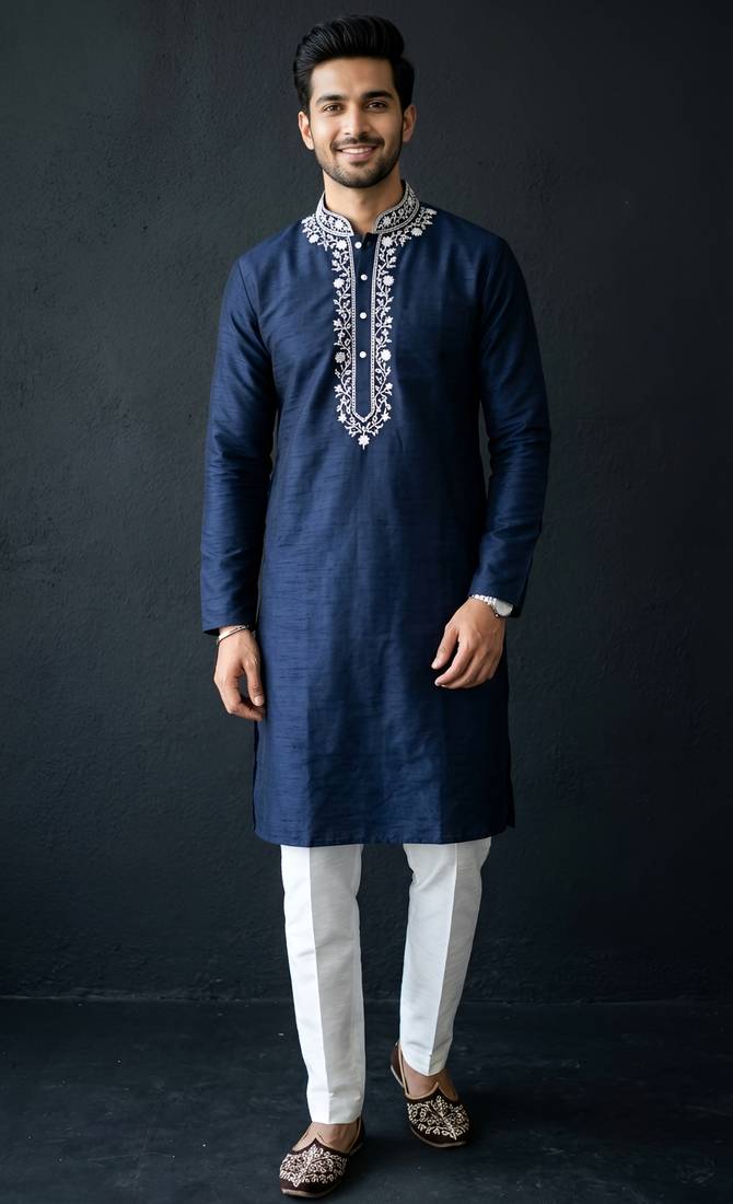 Blue-white embroidered dupion silk kurta set