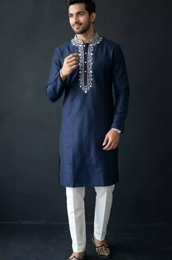 Blue-white embroidered dupion silk kurta set