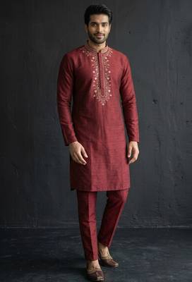 Maroon embroidered dupion silk kurta set 1