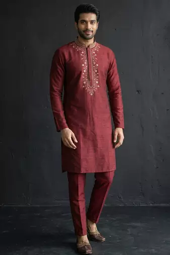 Maroon embroidered dupion silk kurta set