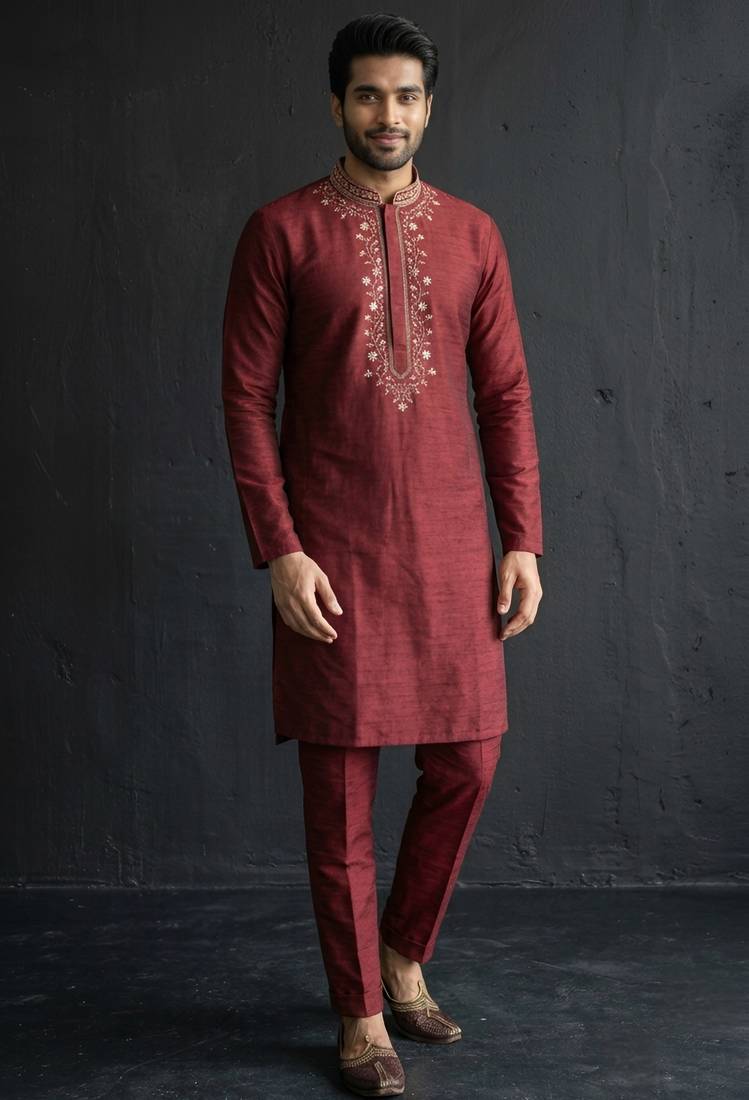 Maroon embroidered dupion silk kurta set