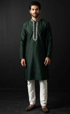 Green-white embroidered dupion silk kurta set 1