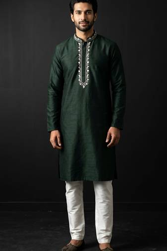 Green-white embroidered dupion silk kurta set