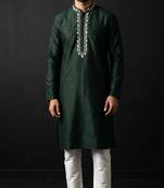 Green-white embroidered dupion silk kurta set
