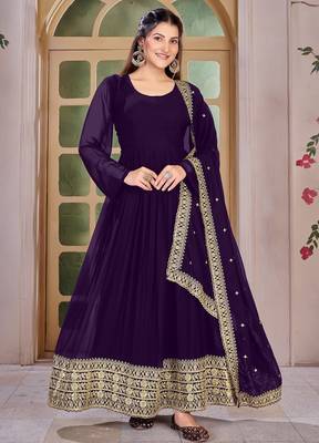 Purple Embroidered Anarkali Gown with Gold Border & Matching Dupatta 1