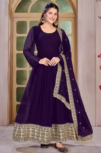 Purple Embroidered Anarkali Gown with Gold Border & Matching Dupatta