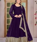 Purple Embroidered Anarkali Gown with Gold Border & Matching Dupatta