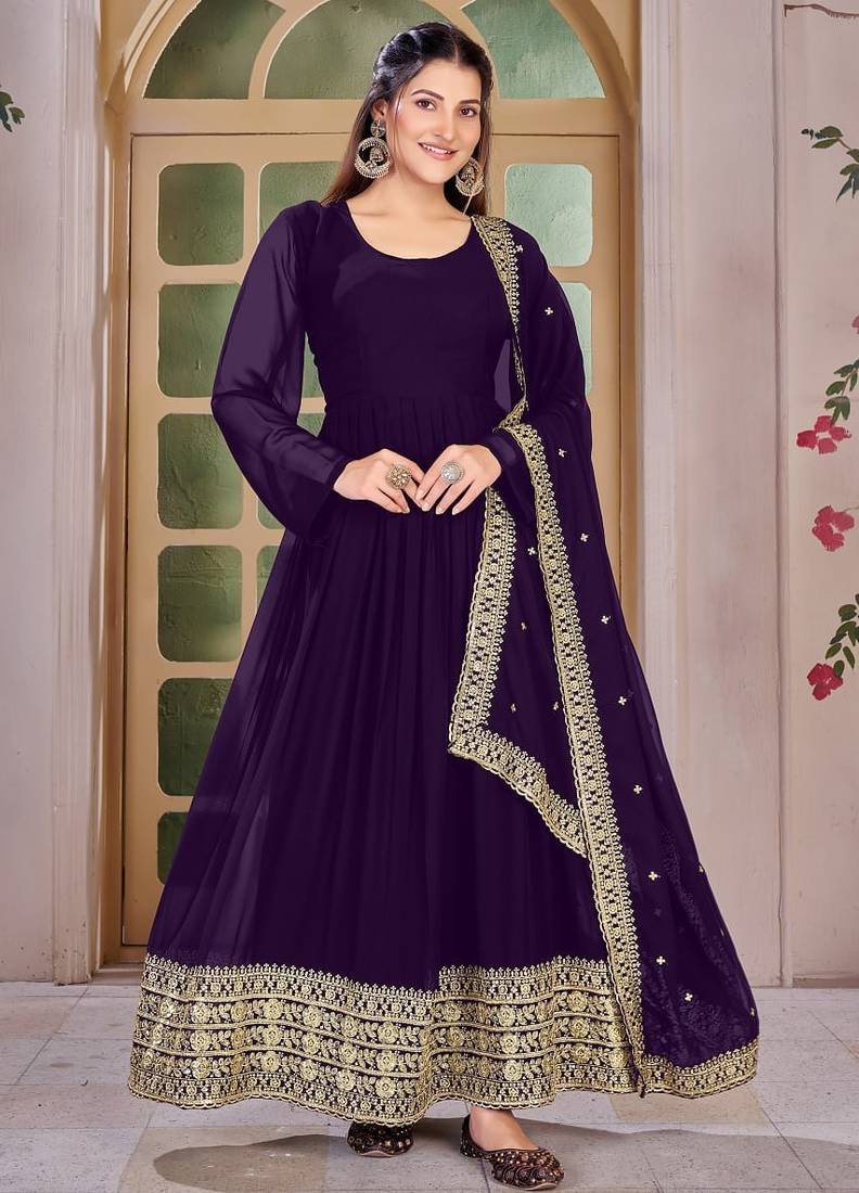 Purple Embroidered Anarkali Gown with Gold Border & Matching Dupatta
