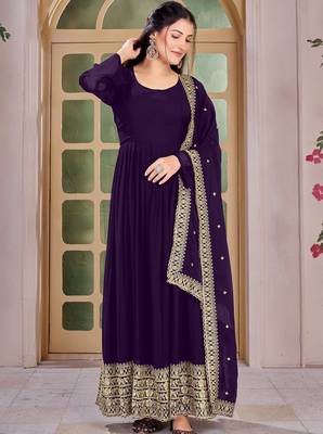 Purple Embroidered Anarkali Gown with Gold Border & Matching Dupatta 2