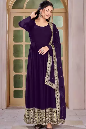 Purple Embroidered Anarkali Gown with Gold Border & Matching Dupatta