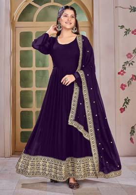 Purple Embroidered Anarkali Gown with Gold Border & Matching Dupatta 3