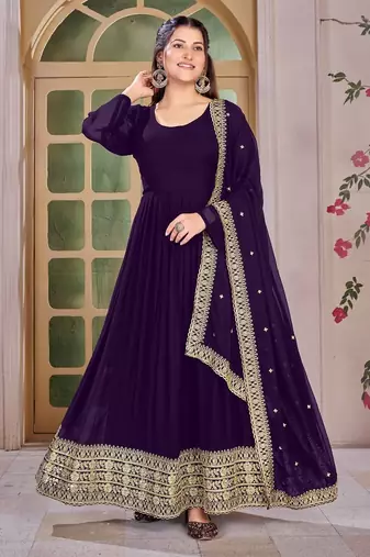 Purple Embroidered Anarkali Gown with Gold Border & Matching Dupatta