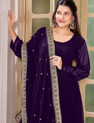 Purple Embroidered Anarkali Gown with Gold Border & Matching Dupatta 4