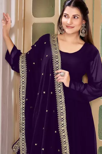 Purple Embroidered Anarkali Gown with Gold Border & Matching Dupatta