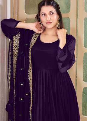 Purple Embroidered Anarkali Gown with Gold Border & Matching Dupatta 5