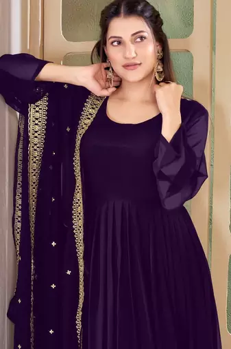 Purple Embroidered Anarkali Gown with Gold Border & Matching Dupatta