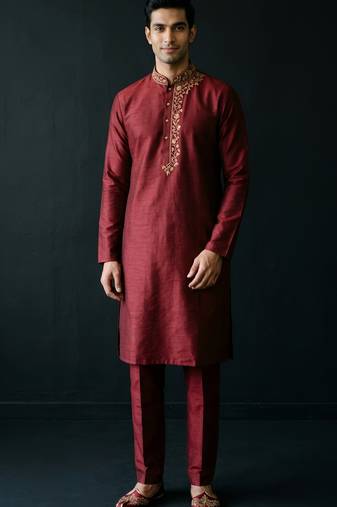 Maroon embroidered dupion silk kurta set