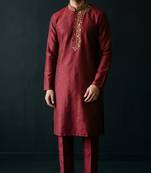 Maroon embroidered dupion silk kurta set