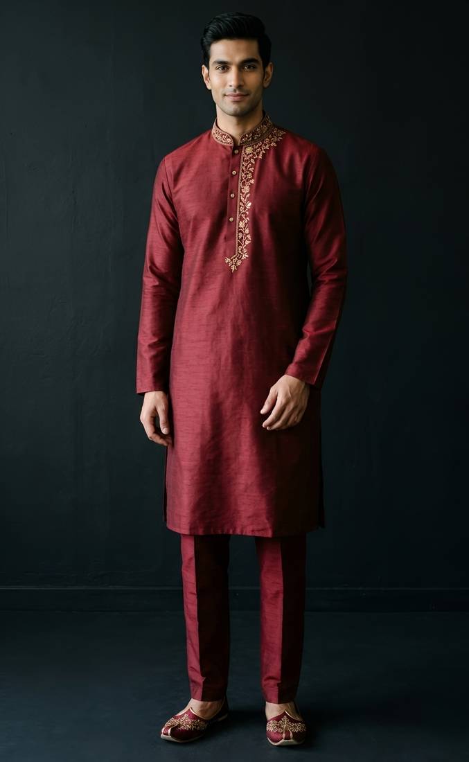 Maroon embroidered dupion silk kurta set