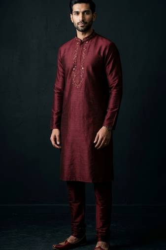 Maroon embroidered dupion silk kurta set