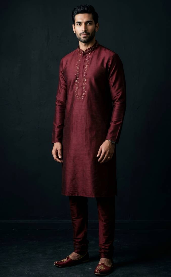 Maroon embroidered dupion silk kurta set