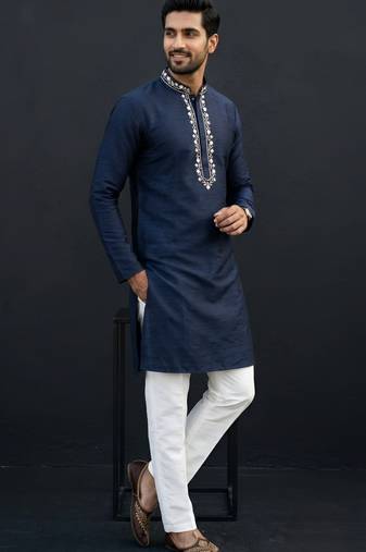 Blue-white embroidered dupion silk kurta set