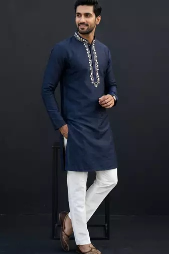 Blue-white embroidered dupion silk kurta set
