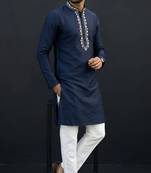 Blue-white embroidered dupion silk kurta set