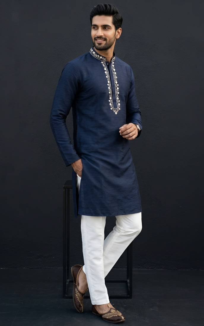 Blue-white embroidered dupion silk kurta set