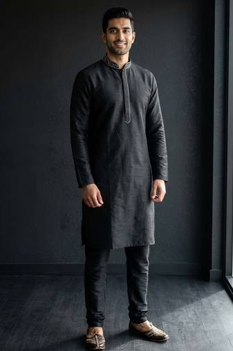 Black embroidered dupion silk kurta set
