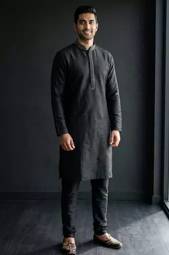 Black embroidered dupion silk kurta set