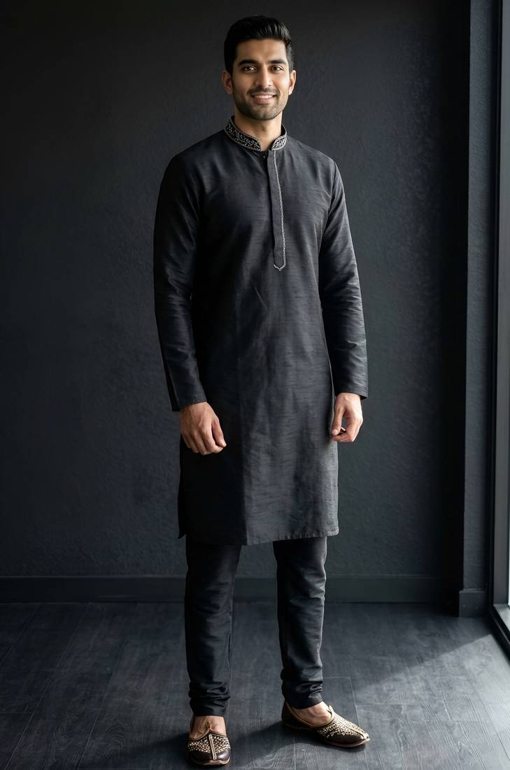 Black embroidered dupion silk kurta set