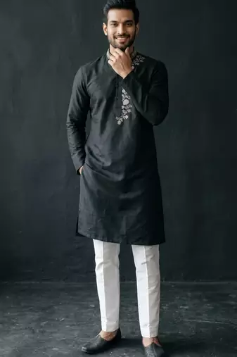 Black-white embroidered dupion silk kurta set